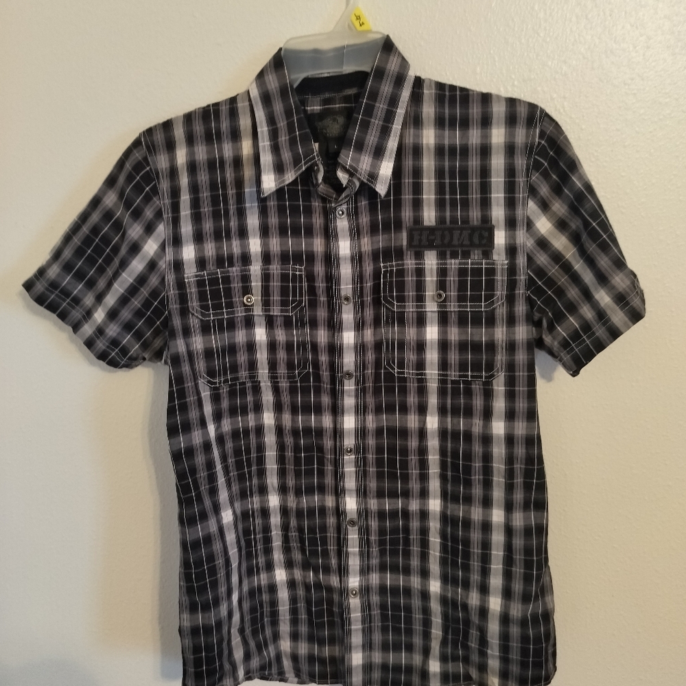 Harley Davidson Mens Black/White Plaid‎ Short Sleeve Snap front Biker Work Wear